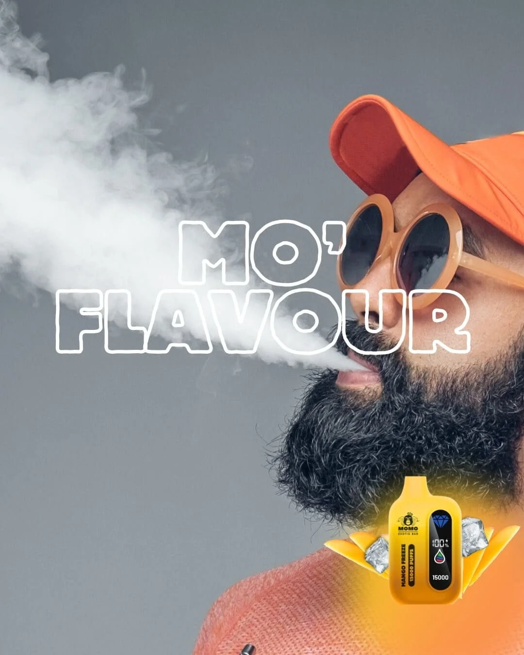 Momo social post: mo' flavour, a bearded character in an orange cap exhaling a cloud beside a Momo vape