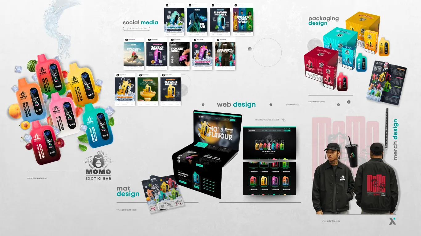 Momo Exotic Bar work laid out: social posts, packaging, the website, a bar mat and merch