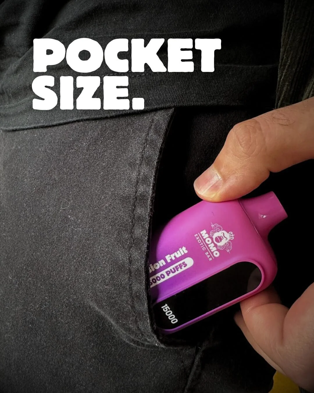 Momo social post: pocket size, a pink vape slipping into a jeans pocket