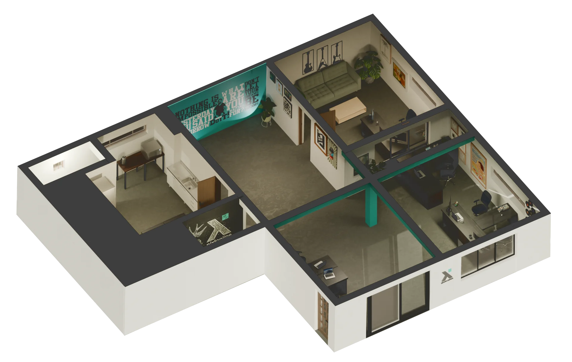 Isometric cut-away of the Pixl studio: lounge, offices, kitchen and the teal feature wall
